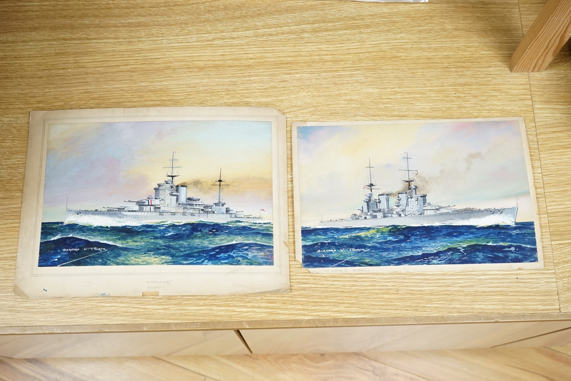 Bernard Church, two original watercolours for postcard designs, WWII Royal Navy battleships comprising: HMS King George V and HMS Warspite, each with original captions verso, signed, largest 24 x 32cm, unframed. Conditio